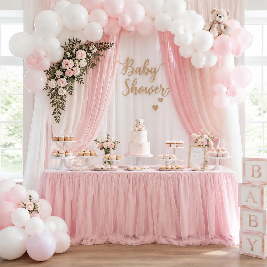 Pastel pink baby shower backdrop and dessert table