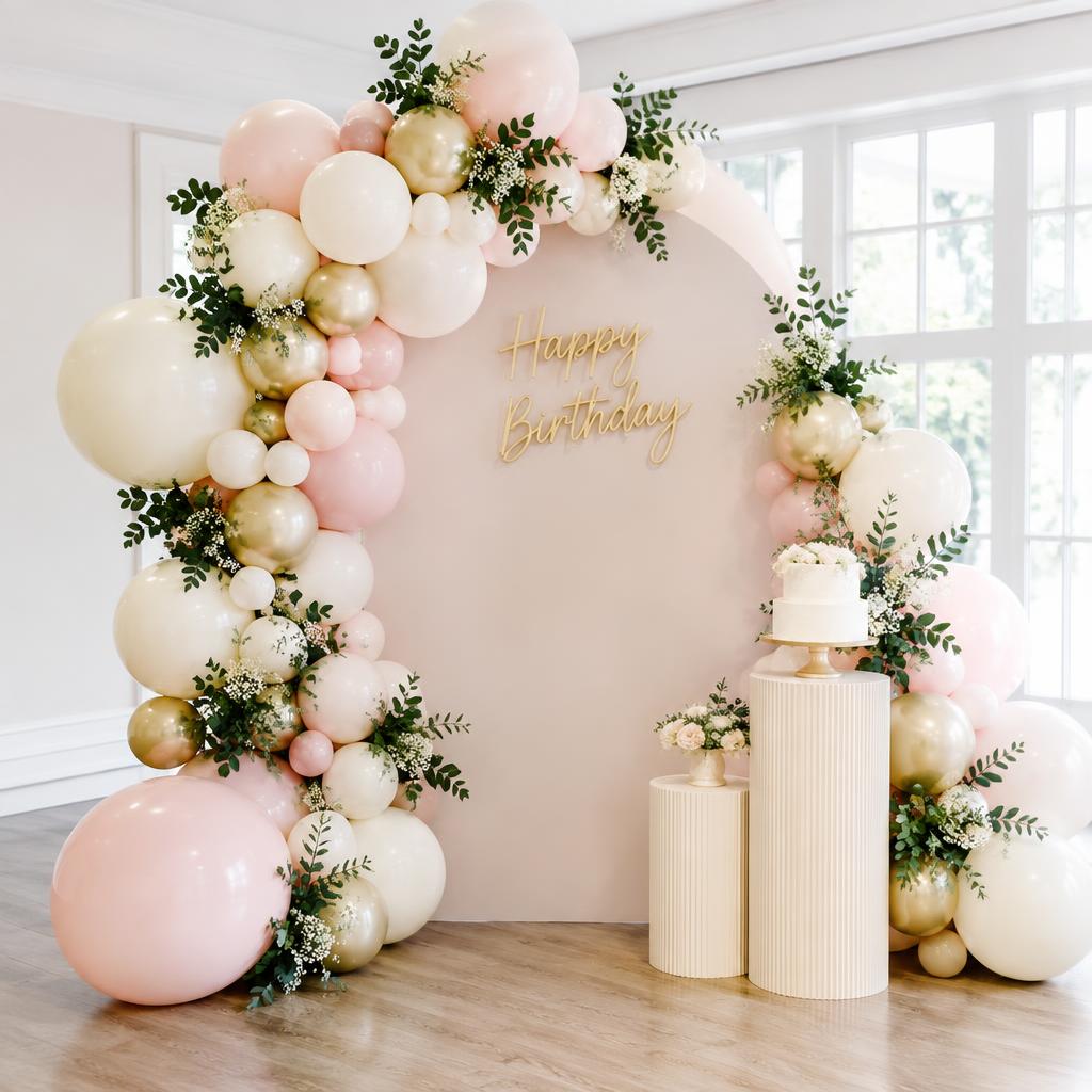 Blush and gold balloon garland birthday backdrop