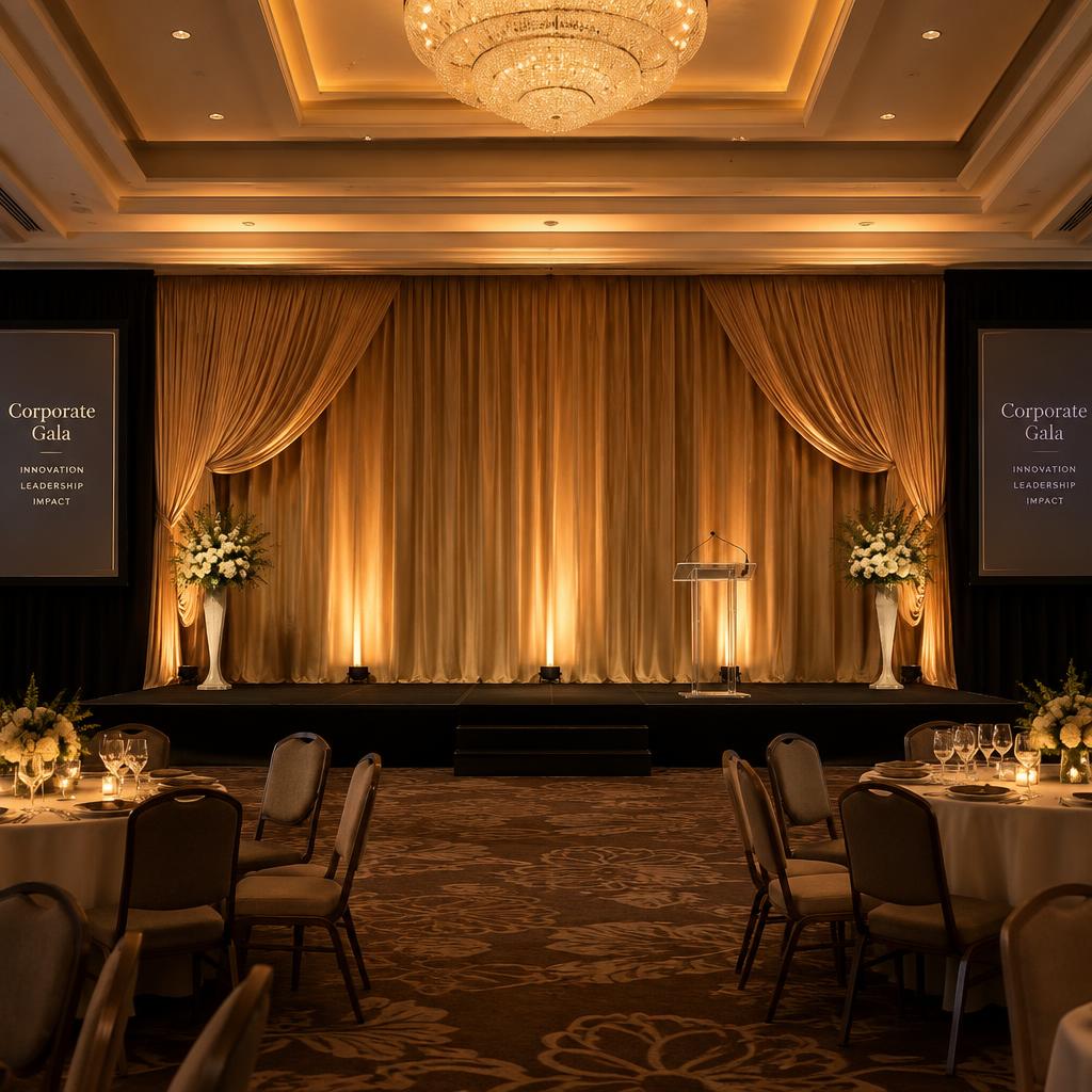 Corporate gala stage with draped backdrop and warm uplighting