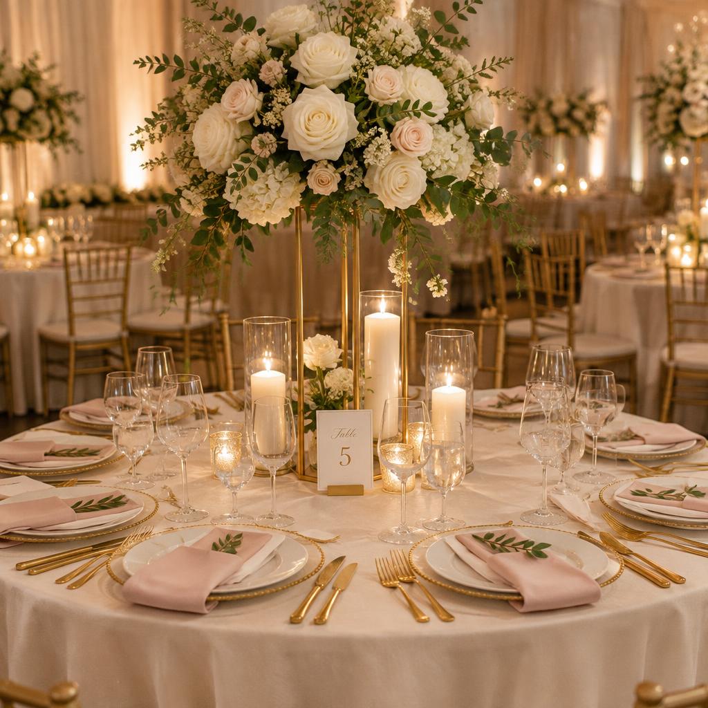 Wedding banquet table with floral centrepiece and gold accents